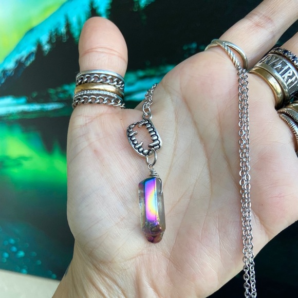 Vampire crystal necklace . Titanium aura crystal & vampire fangs teeth necklace - Picture 8 of 11